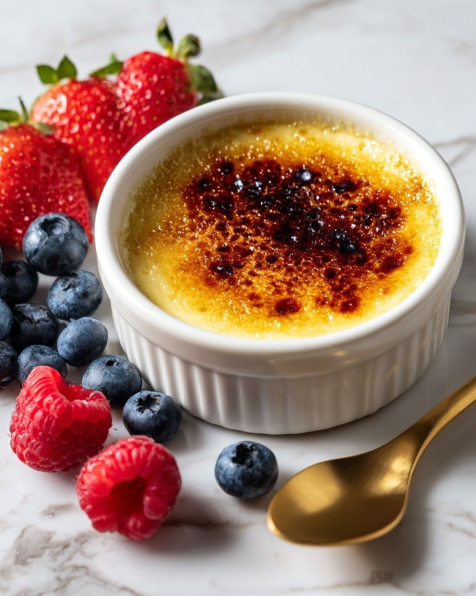 A white ceramic ramekin holds a round crème brûlée with a golden caramelized sugar top, showing darker brown spots with a shiny texture. The custard beneath is smooth and pale yellow, visible under the caramel crust. Around the ramekin on a white marbled surface are fresh berries: two bright red raspberries with a bumpy texture, three plump blueberries with a deep blue color, and two strawberries with a bright red tone and small seeds. A shiny gold spoon lies nearby on the white marbled surface. Photo taken with an iphone --ar 4:5 --v 7 — Crème Brûlée, classic crème brûlée, creamy custard dessert, caramelized sugar topping, elegant dessert recipes