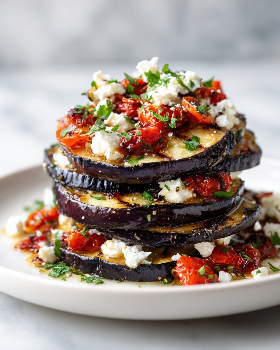 The dish shows a white plate full of grilled round eggplant slices with purple edges and golden brown centers. Each slice is topped with finely chopped green herbs, small pieces of bright red roasted tomatoes, and scattered white crumbled cheese. The eggplants glisten with a light layer of olive oil, giving a slightly shiny look. The plate is set against a white marbled surface, with the eggplant slices overlapping softly and filling the whole plate. photo taken with an iphone --ar 4:5 --v 7 — Mediterranean Roasted Eggplant, roasted eggplant recipe, Mediterranean vegetable dishes, healthy eggplant side, flavorful roasted vegetables