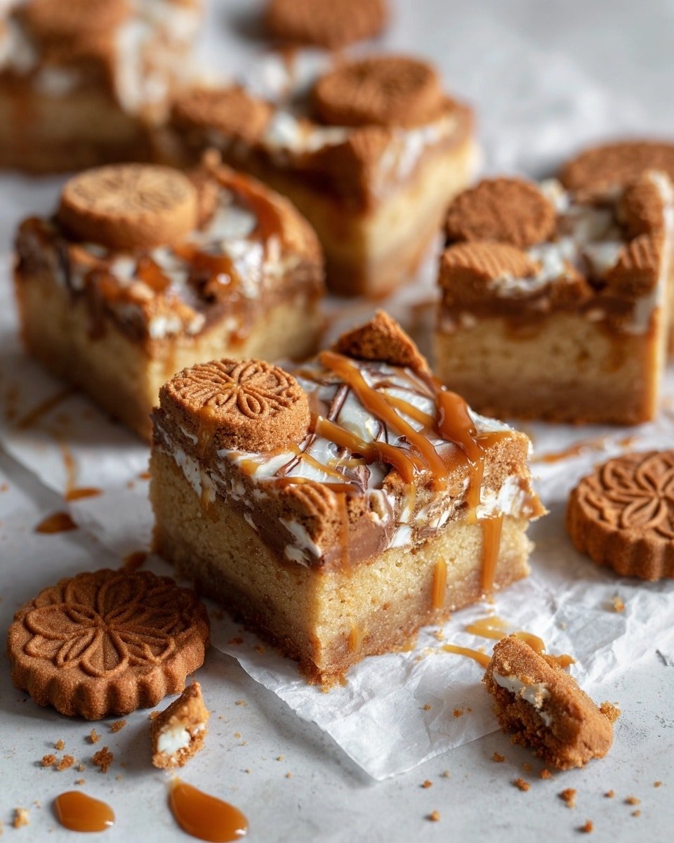 Lotus Biscoff White Chocolate Blondies Recipe - Recipe Image — Lotus Biscoff White Chocolate Blondies, Biscoff Blondies recipe, white chocolate blondies with Biscoff, caramel cookie butter blondies, easy Biscoff blondies