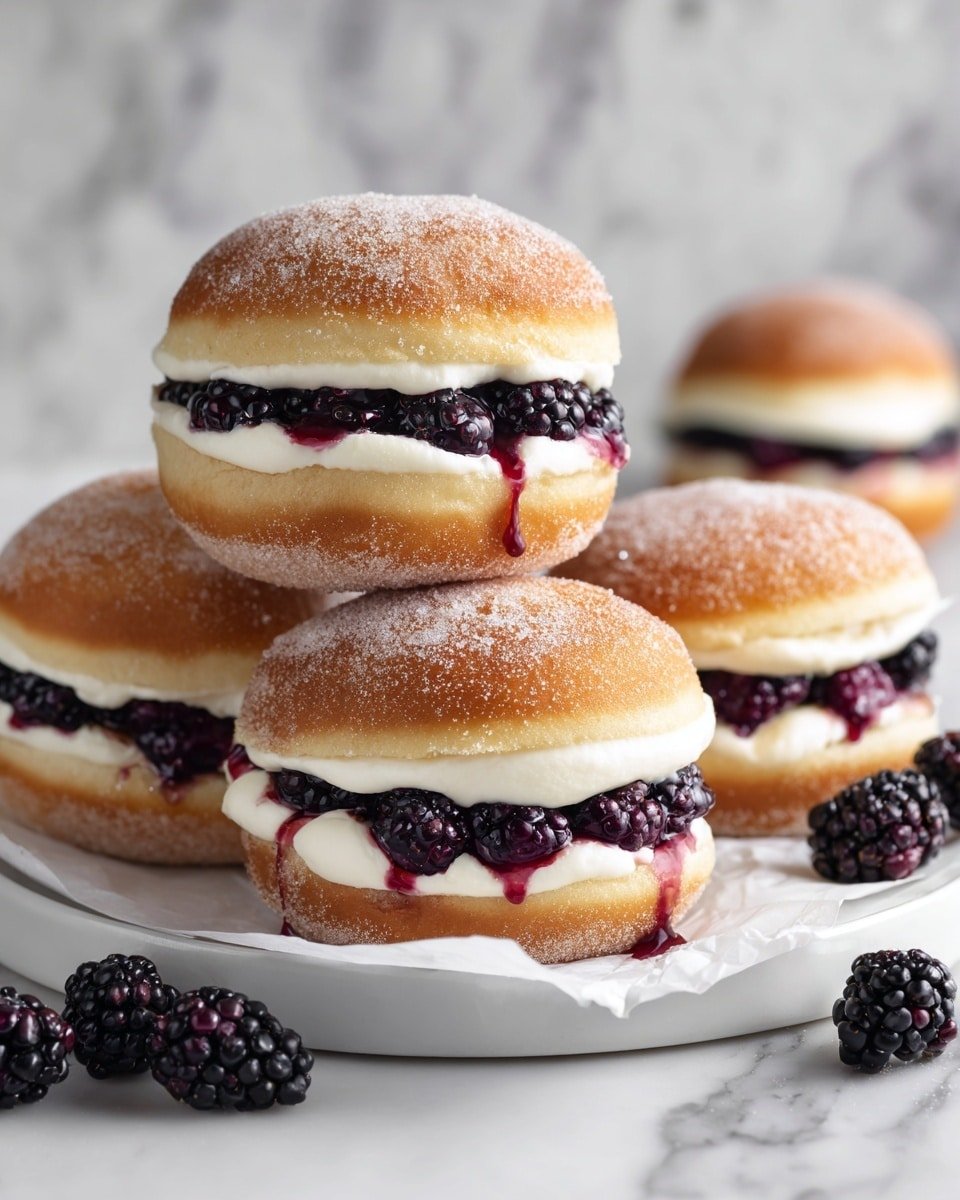 Blackberries & Cream Slider Doughnuts Recipe - Recipe Image — Blackberries & Cream Slider Doughnuts, blackberry filled mini doughnuts, cream cheese filled doughnuts, fruity doughnut recipe, easy blackberry dessert