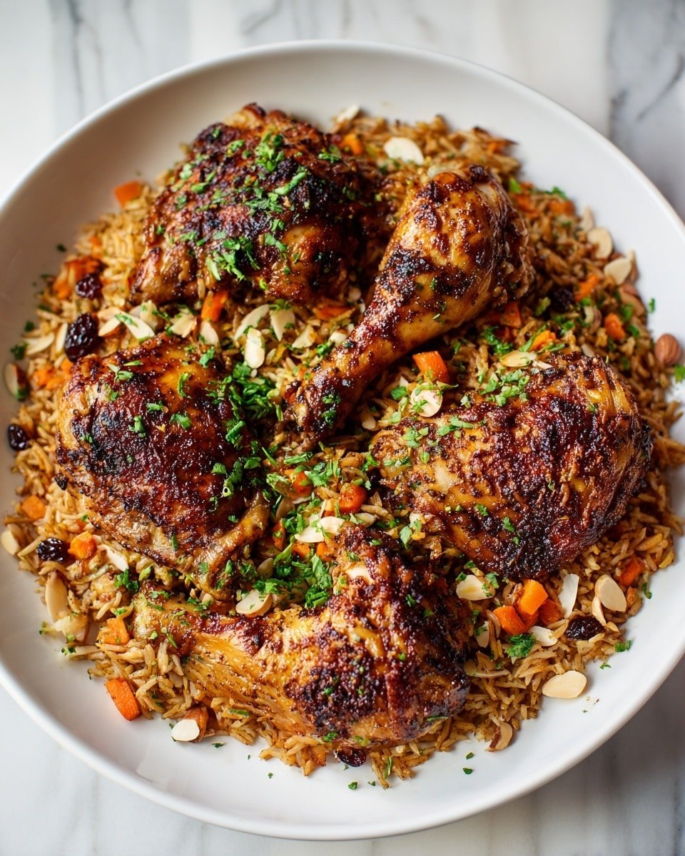 A large white plate sits on a white marbled surface, filled with three browned chicken legs and thighs with a crispy, seasoned skin. The chicken pieces are placed on a generous bed of brown rice mixed with small orange carrot sticks, golden raisins, and slivered almonds. The rice has a slightly oily, textured look with bits of spices. The dish is lightly sprinkled with chopped green herbs, adding a fresh touch. Photo taken with an iphone --ar 4:5 --v 7 — Arabic Chicken and Rice Kabsa, Middle Eastern Chicken and Rice, Traditional Arabian Kabsa, Spiced Chicken and Rice dish, Easy Kabsa recipe