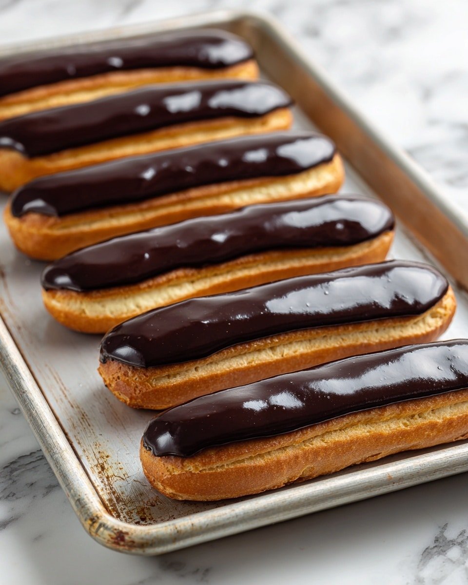 The image shows six long, thin éclairs placed on a silver baking tray with some marks and stains, on a white marbled surface. Each éclair has a light golden-brown pastry base with a smooth, shiny dark chocolate glaze on top that reflects light, creating small highlights. The éclairs are lined up in a slightly irregular row filling most of the tray. The chocolate glaze appears thick but even, covering the top surface of each éclair completely. photo taken with an iphone --ar 4:5 --v 7 — Homemade Eclairs, French pastry ideas, how to make eclairs from scratch, chocolate filling recipes, vanilla pastry cream tutorial