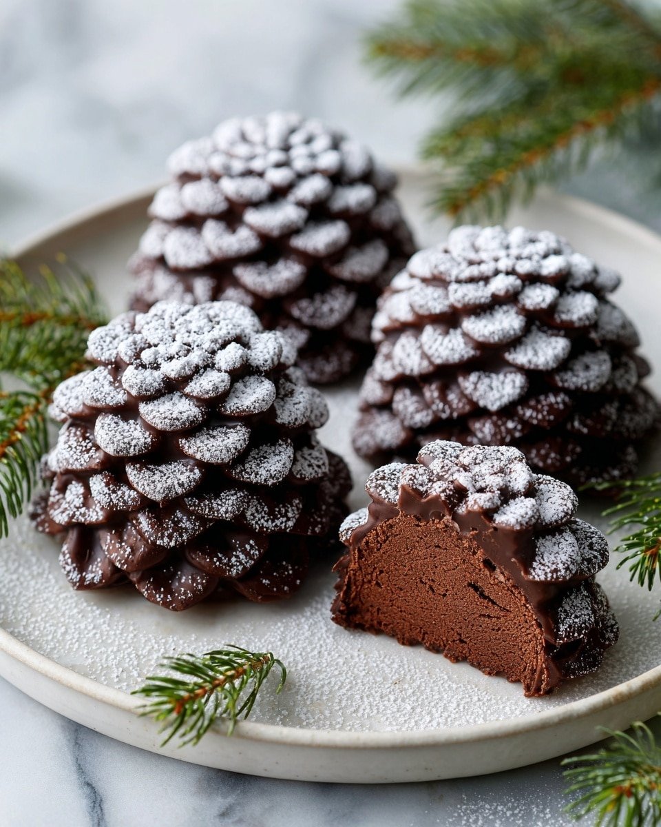 A close-up view of a small, pine cone-shaped dessert with a rich brown color and a slightly rough texture, dusted with a light layer of powdered sugar. The dessert has several overlapping layers that resemble pine cone scales, each layer darker at the edges and lighter in the middle, giving it depth and a natural look. It sits on a thick, rustic wooden round with a rough bark edge, which is also sprinkled with powdered sugar, against a soft-focus background of green and warm light spots. A white marbled surface is visible under the wood. More of these pine cone-shaped desserts are seen blurred in the background and foreground. photo taken with an iphone --ar 4:5 --v 7 — Decadent Pinecone Truffles, festive chocolate truffles, holiday dessert ideas, easy truffle recipes, pinecone-shaped treats