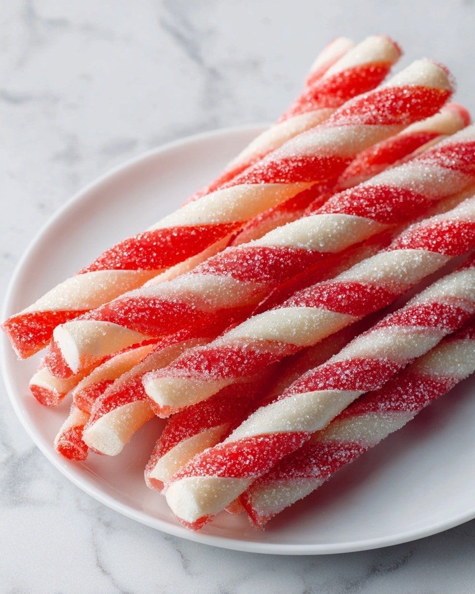 A stack of twisted cookies sits on a white plate with a white marbled surface beneath it. Each cookie has two thick spiral layers, one creamy light yellow and the other bright red dusted with fine sugar, giving a slightly grainy texture. The cookies are arranged neatly, showing their rounded ends and the smooth yet crackled surface of the dough. Photo taken with an iphone --ar 4:5 --v 7 — Candy Cane Cookies Dessert, festive holiday cookies, peppermint swirl cookies, Christmas baking treats, easy holiday cookie recipes