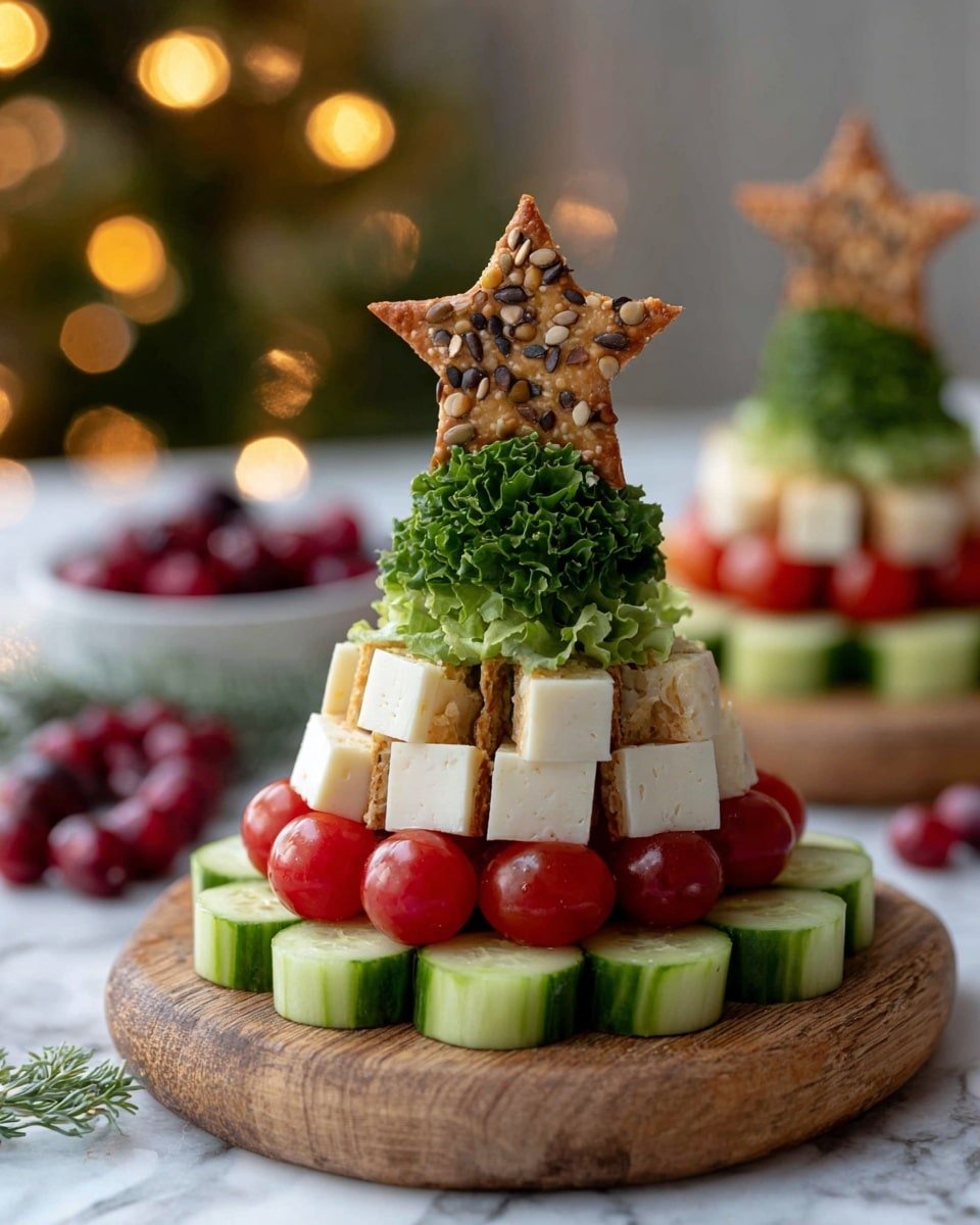 The dish looks like a small Christmas tree made with many layers and placed on a round wooden board over a white marbled surface. At the bottom, there is a ring of green cucumber slices, round and fresh, topped with a layer of bright red cherry tomato halves. Above this, there is a thick layer of white cheese blocks with a few crunchy bits on the surface, arranged in a circle. A green herb layer covers the edges just above the cheese, followed by a thick, green leafy layer shaped into a cone to form the top of the tree. Bright red cranberries are placed around the tree and on the green cone part, adding a pop of color. At the very top, a star-shaped brown cracker with seeds is placed as a tree topper. The background is softly lit with blurry warm lights, and there is a second similar layered tree slightly out of focus behind the main one. Photo taken with an iphone --ar 4:5 --v 7 — Cheese Christmas Trees, festive cheese appetizers, holiday cheese snacks, Christmas party finger foods, cheesy holiday treats