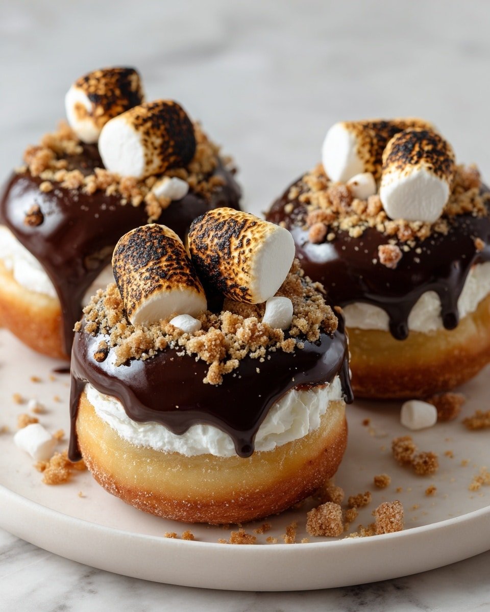 Marshmallow Cream Filled S’mores Donuts Recipe - Recipe Image — Marshmallow Cream Filled S’mores Donuts, s'mores donuts with marshmallow, chocolate ganache s'mores donuts, fun s'mores dessert recipes, homemade s'mores donuts