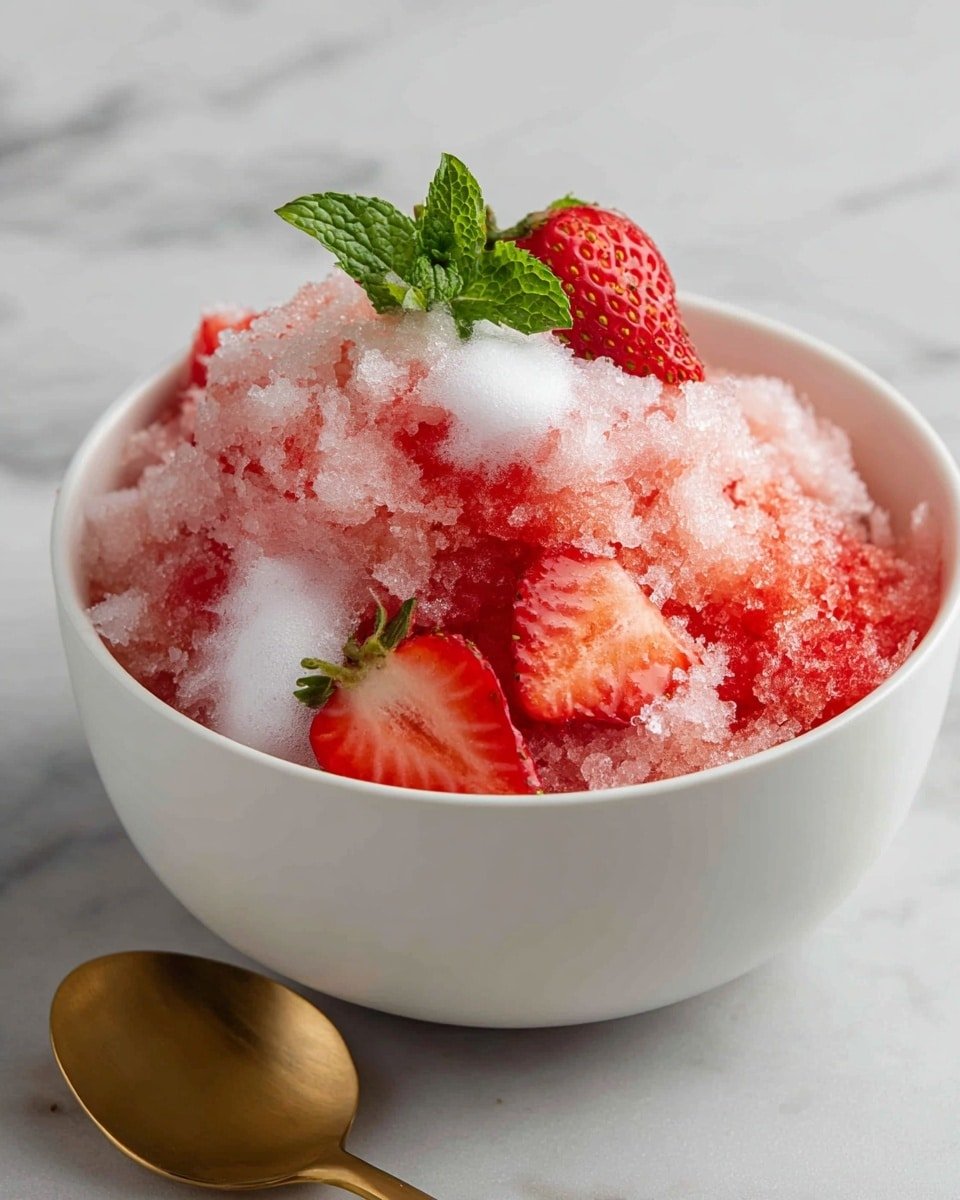 The image shows a white speckled bowl filled with light pink strawberry ice cream that looks soft and fluffy. On top of the ice cream, there are many small, bright red strawberry pieces scattered all over. In the center, a small green mint leaf sits on the highest mound of ice cream. There are also a few small white foam-like dollops around the strawberries on the ice cream. The background is a white marbled texture, and a gold spoon is blurred in the upper part of the image near the bowl. photo taken with an iphone --ar 4:5 --v 7 — Strawberry Cotton Candy Salad, strawberry fruit salad, summer dessert recipes, fluffy fruit salad, colorful fruit salad