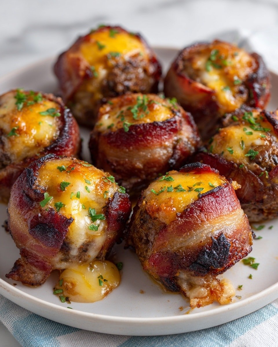 The image shows a wooden plate filled with round snacks wrapped in crispy bacon strips with a golden brown color and grill marks. Inside the bacon wrap, there is a thick layer of cooked ground meat with a soft texture, and some of the snacks have melted orange cheese oozing out. The top of each snack is sprinkled with small pieces of fresh green herbs. The plate is placed on a white marbled surface. photo taken with an iphone --ar 4:5 --v 7 — Cheddar-Stuffed BBQ Beef Bacon Bombs, BBQ bacon appetizers, cheesy beef bacon bites, smoky beef bacon rolls, easy BBQ party snacks