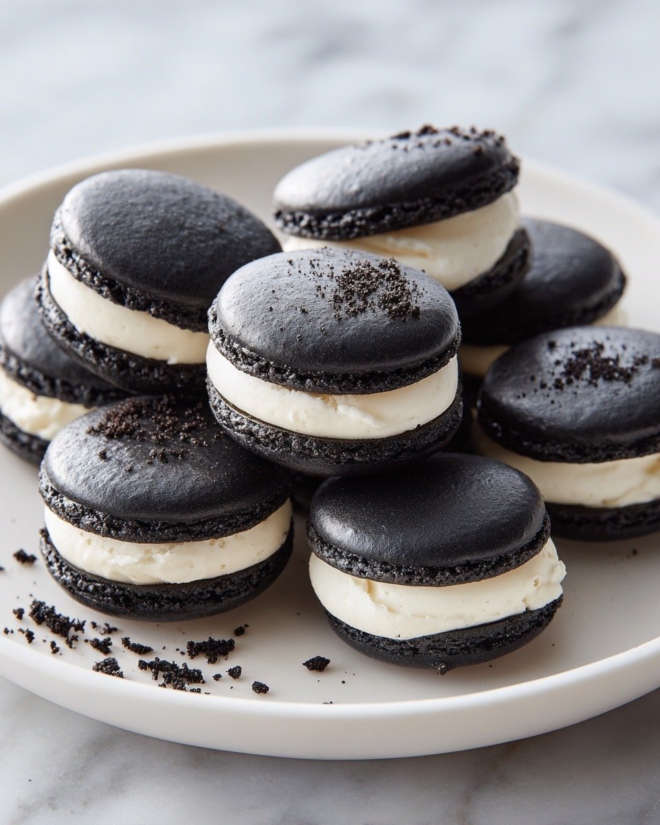 Oreo Delight Macarons Recipe - Recipe Image — Oreo Delight Macarons, Oreo macarons recipe, French macarons with Oreo flavor, Oreo-filled cookies, elegant Oreo dessert