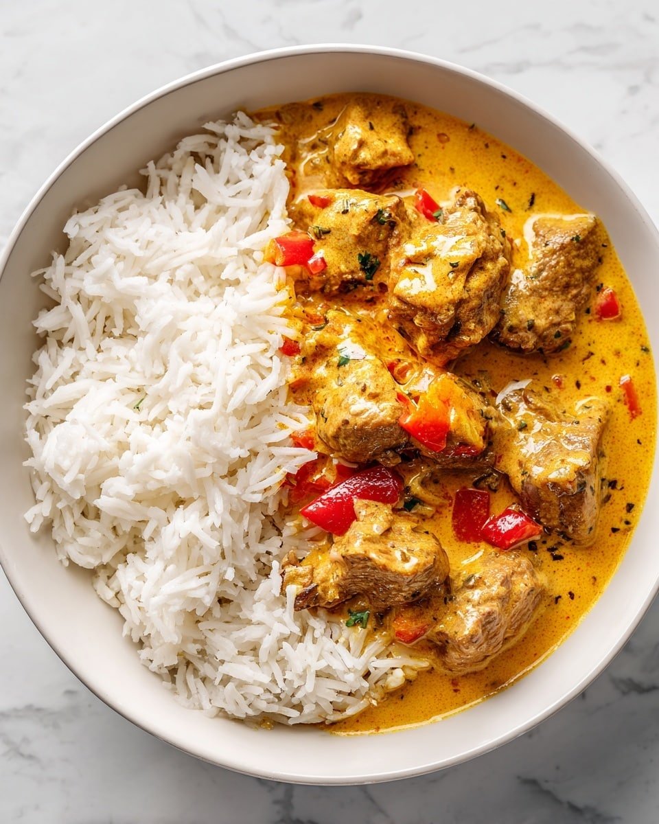 The dish is served in a white bowl with a dark inside rim, placed on a white marbled surface. It has two main layers: on one side, there is a pile of fluffy white rice with long grains, and on the other side are chunks of yellow-orange chicken covered in a thick, smooth orange sauce with visible green herbs sprinkled on top. The sauce looks shiny and rich, surrounding the chicken pieces, and garnished with fresh chopped cilantro leaves. In the background, there is a blurred view of some round, light-colored flatbread on a white plate. Photo taken with an iphone --ar 4:5 --v 7 — Crockpot Coconut-Turmeric Chicken, slow cooker turmeric chicken, easy coconut chicken recipe, healthy coconut turmeric chicken, comforting slow cooker chicken