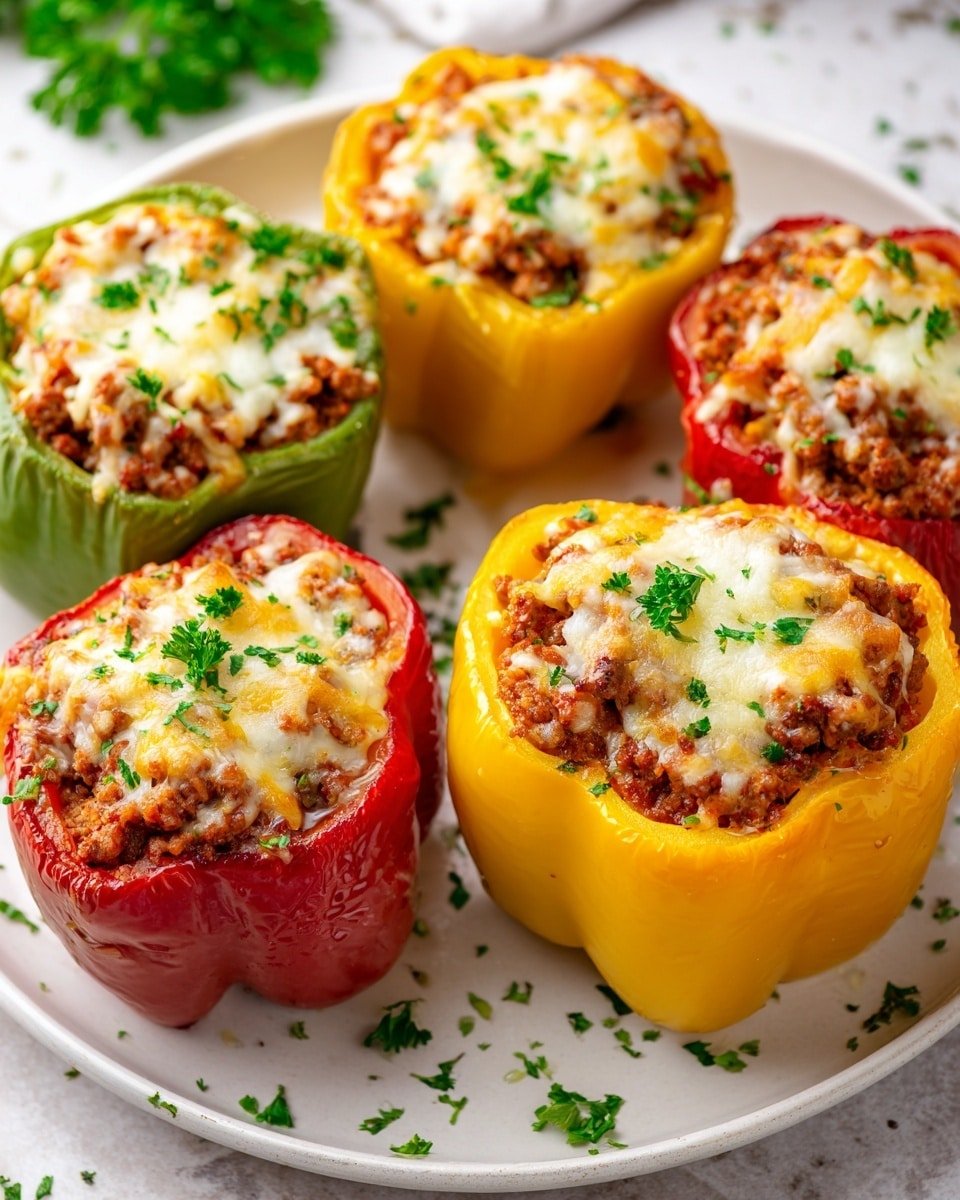 Stuffed Bell Peppers with Beef (No Rice) Recipe - Recipe Image — Stuffed Bell Peppers with Beef No Rice, stuffed bell peppers easy dinner, healthy stuffed peppers recipe, savory beef stuffed peppers, low-carb stuffed peppers